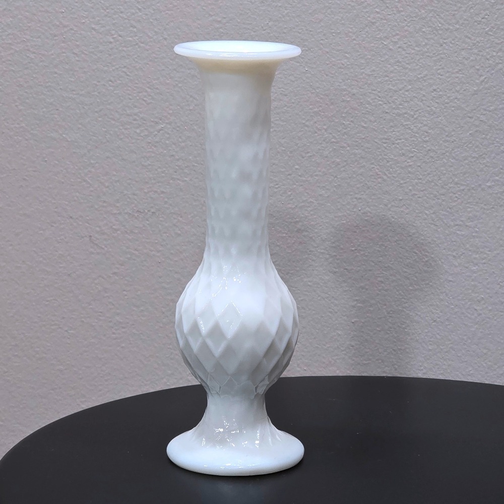 Vintage EO Brody Co White Milk Glass Bud Vase Diamond Quilted M2000 USA